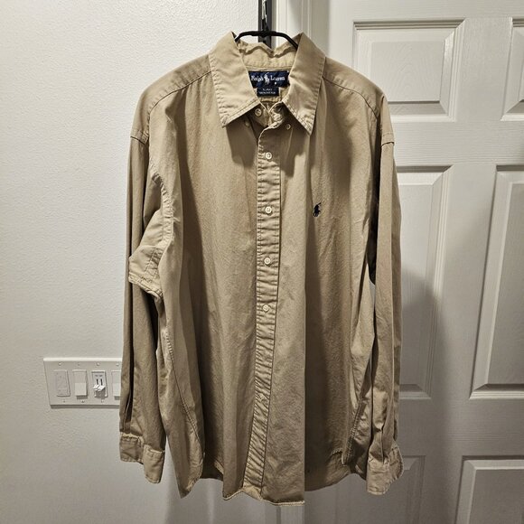 RALPH LAUREN POLO MENS SHIRT LARGE TAN BLAKE CLASSIC LONG SLEEVE BUTTON DENIM - Picture 1 of 7